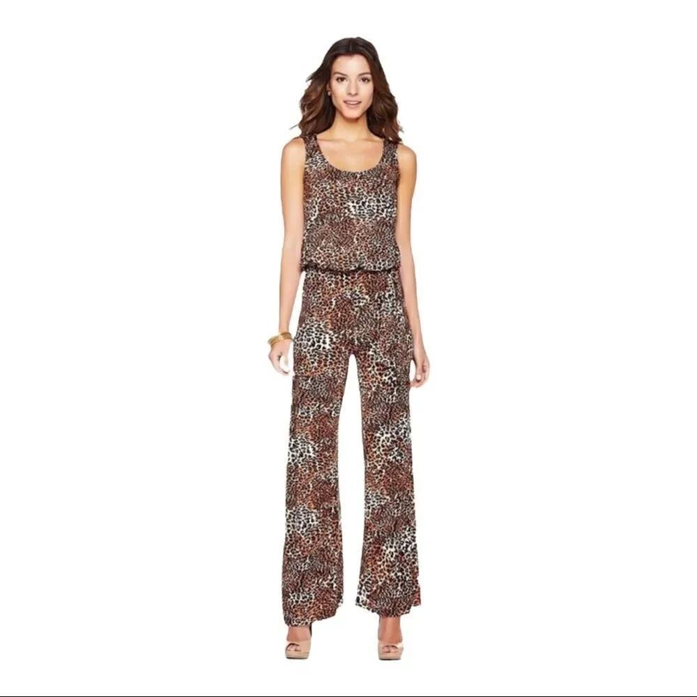 Tiana B Leopard Animal Print Wide Leg Jumpsuit Belted Size S NWOT